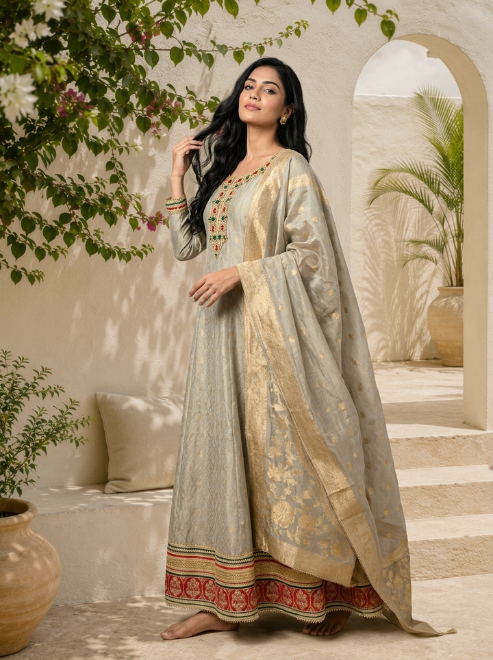 Grey Tissue All-Over Butti Jacquard Weaved Anarkali With Dupatta