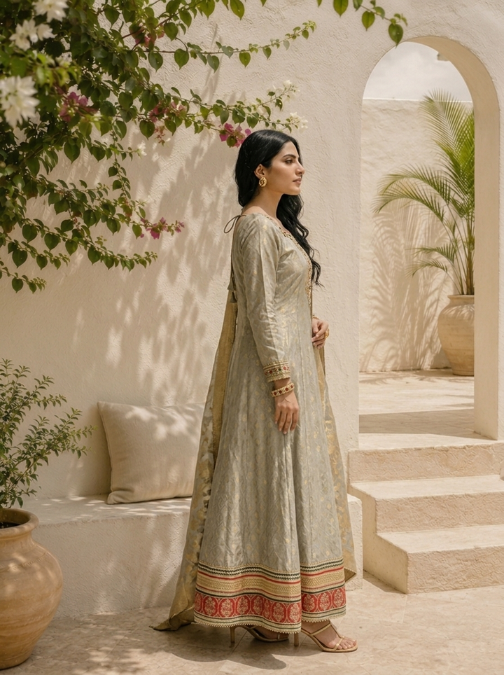 Grey Tissue All-Over Butti Jacquard Weaved Anarkali With Dupatta