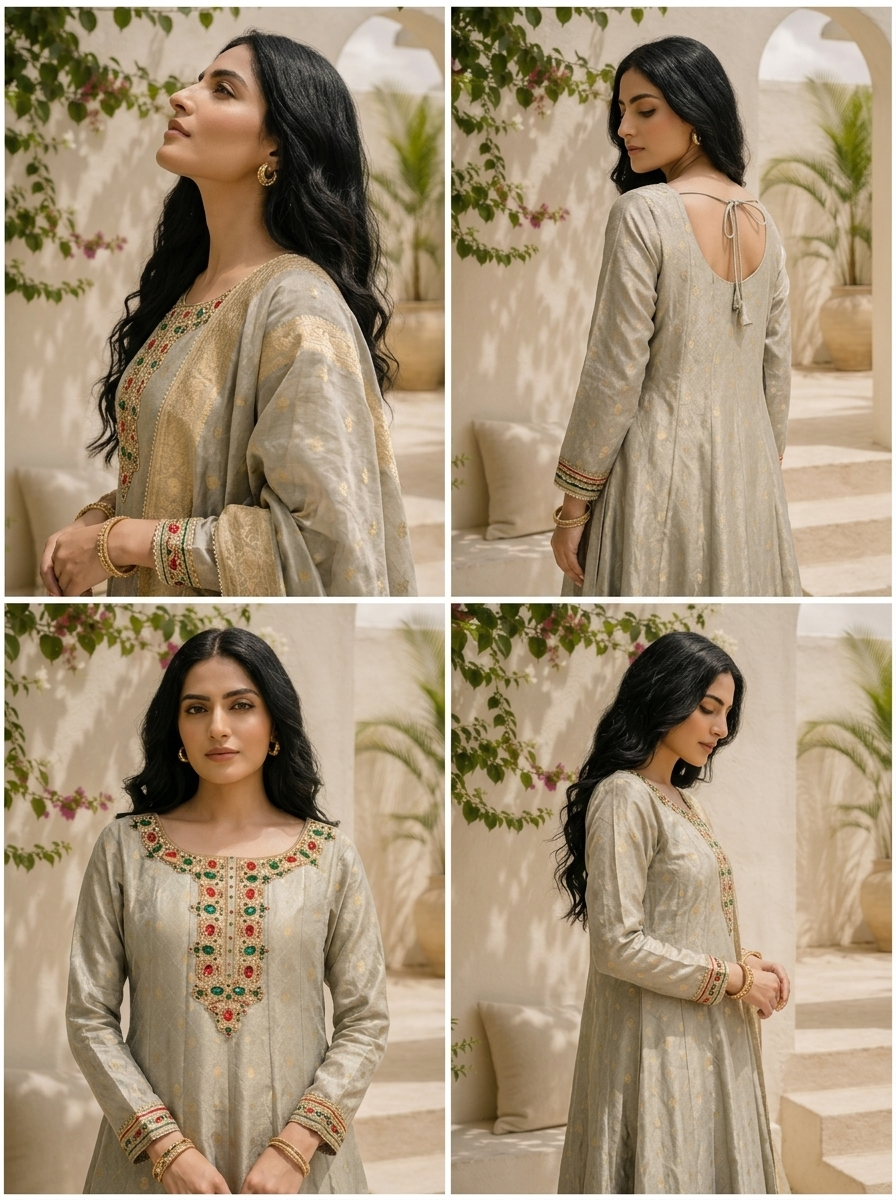 Grey Tissue All-Over Butti Jacquard Weaved Anarkali With Dupatta