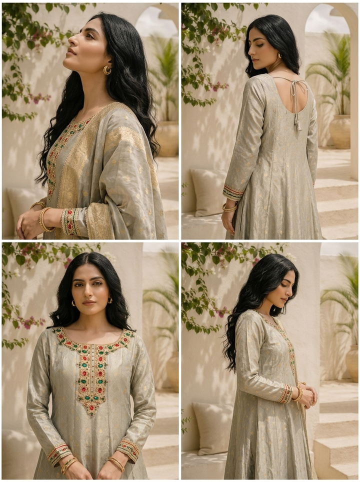Grey Tissue All-Over Butti Jacquard Weaved Anarkali With Dupatta