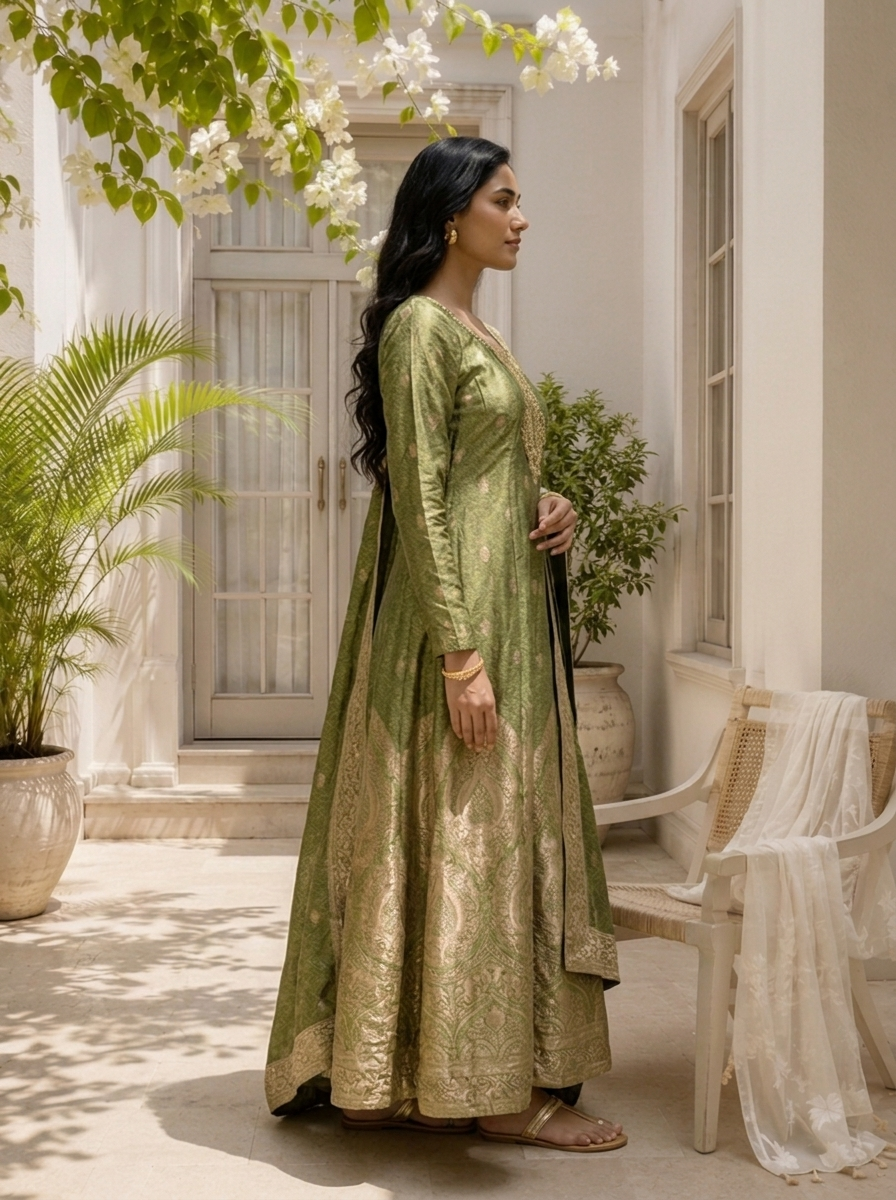 Mehadi Green Silk All-Over Butti Jacquard Weaved Three Piece Set