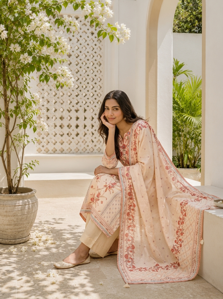 Cream Silk Mughal Printed Three Piece Set
