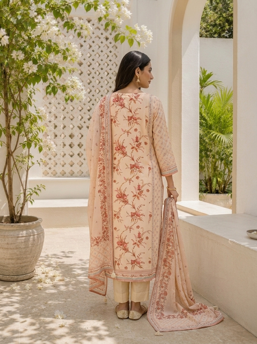 Cream Silk Mughal Printed Three Piece Set
