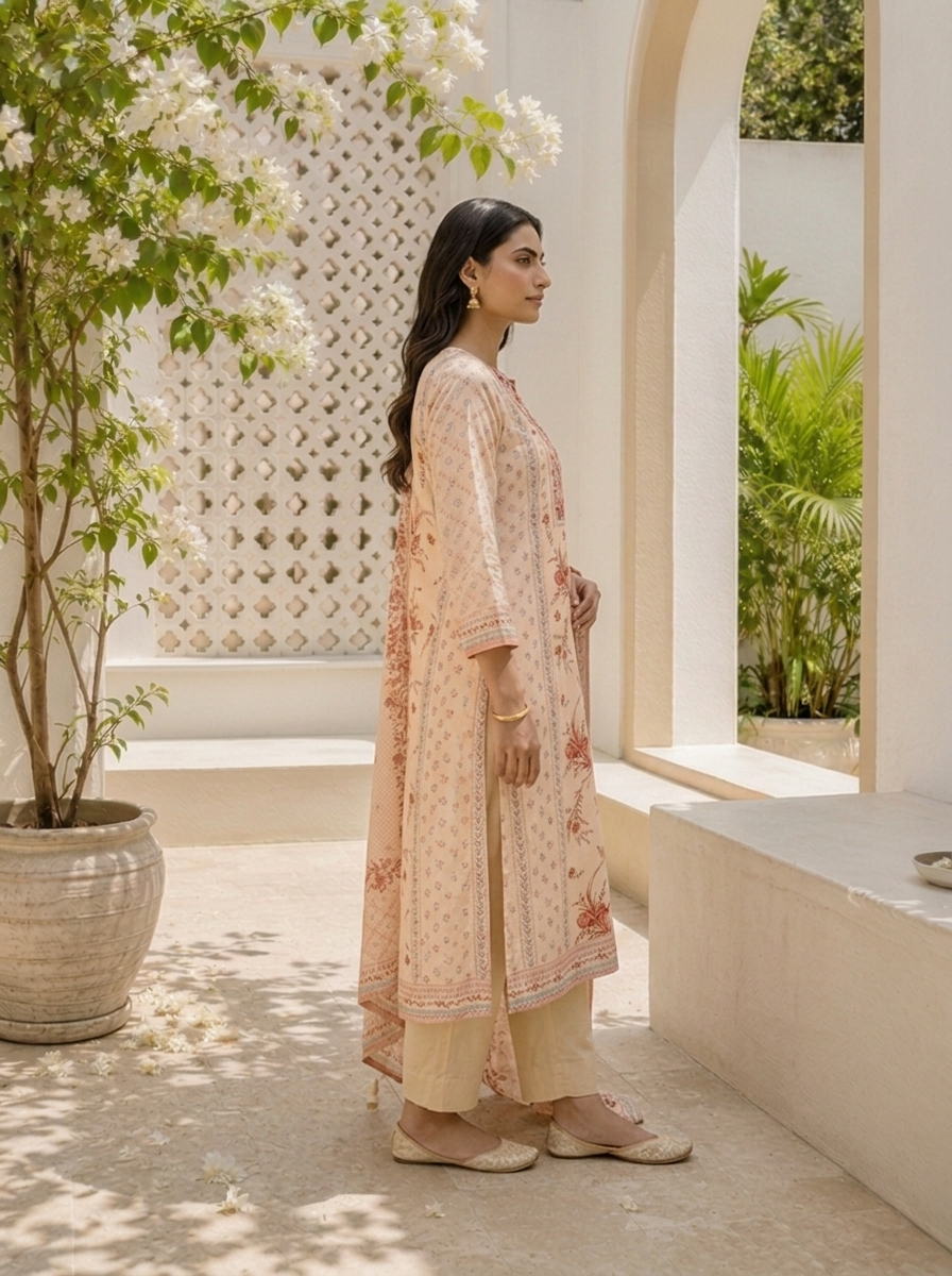 Cream Silk Mughal Printed Three Piece Set