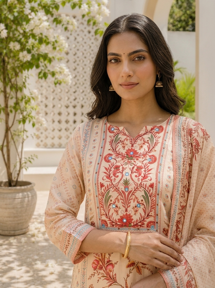 Cream Silk Mughal Printed Three Piece Set