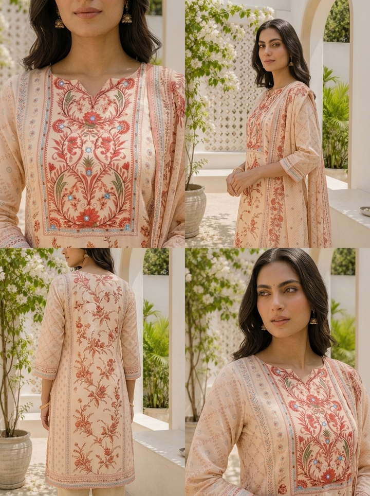 Cream Silk Mughal Printed Three Piece Set