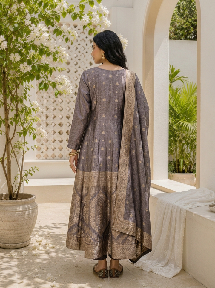 Lavender Silk All-Over Butti Jacquard Weaved Three Piece Set