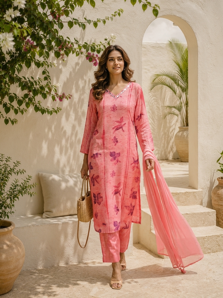 Rose Pink Muslin Eco Printed Three Piece Set