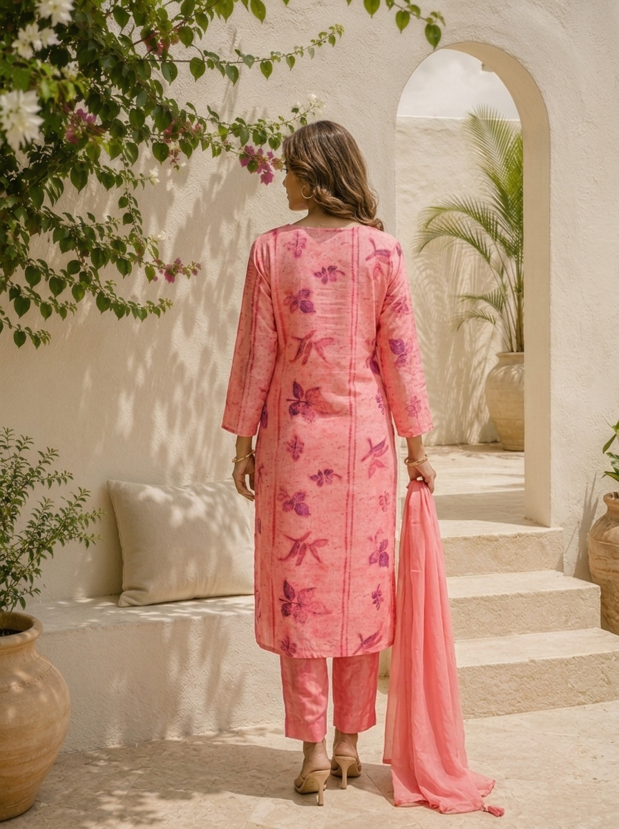 Rose Pink Muslin Eco Printed Three Piece Set