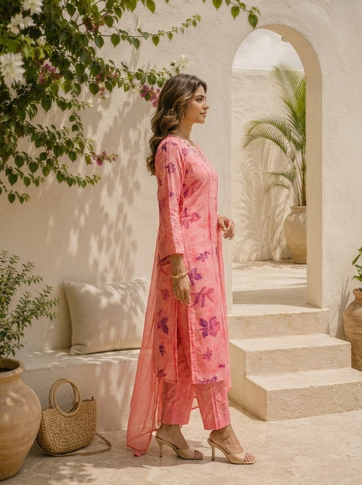 Rose Pink Muslin Eco Printed Three Piece Set