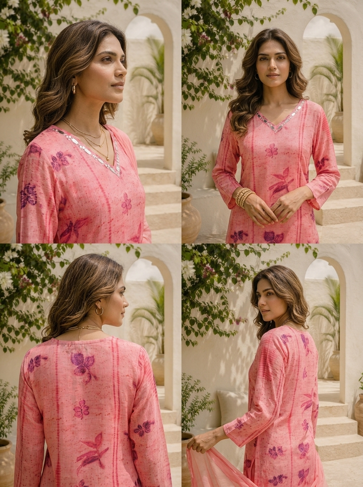Rose Pink Muslin Eco Printed Three Piece Set