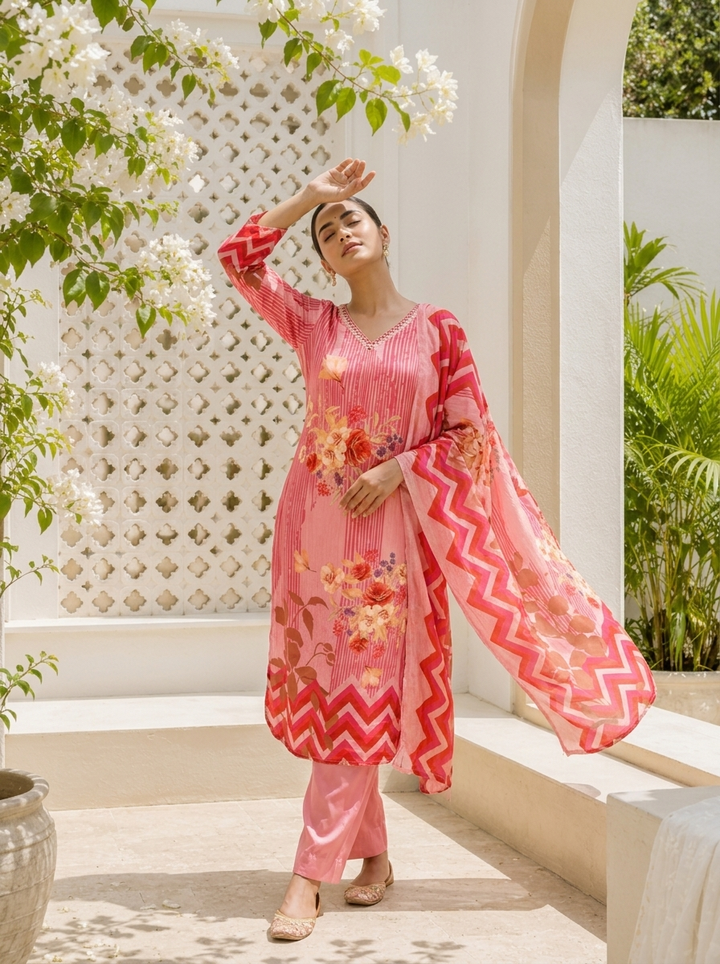 Rose Pink Muslin Mixed Digital Floral Printed Three Piece Set
