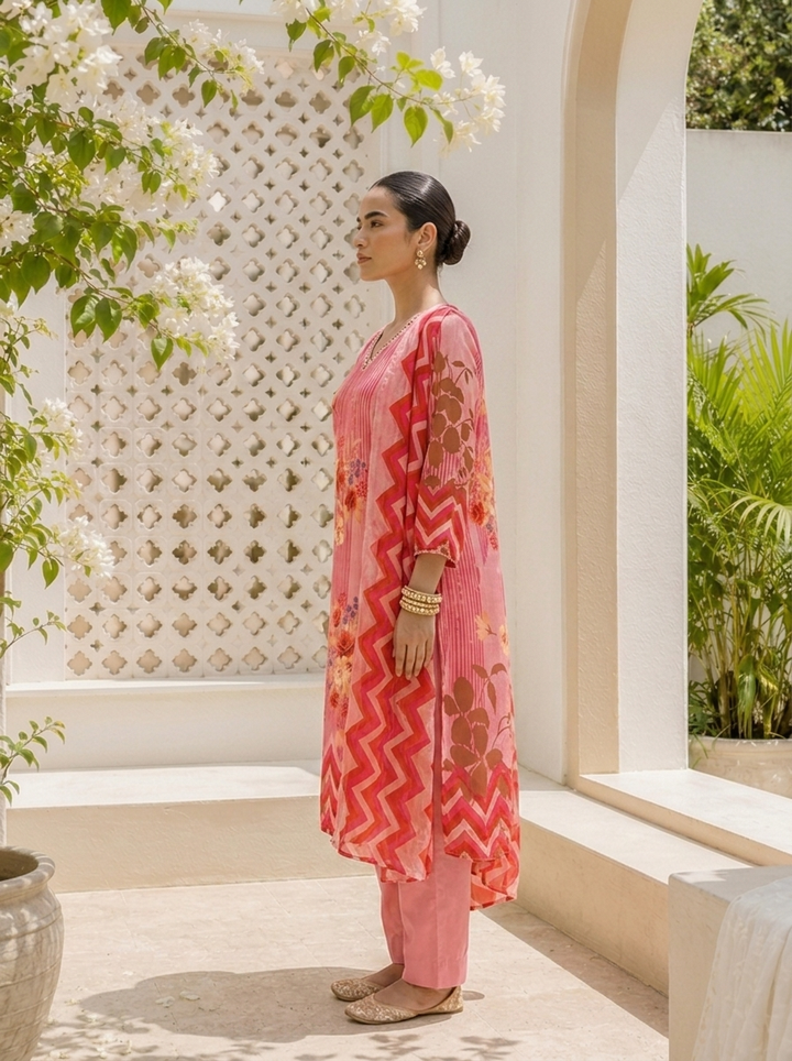 Rose Pink Muslin Mixed Digital Floral Printed Three Piece Set