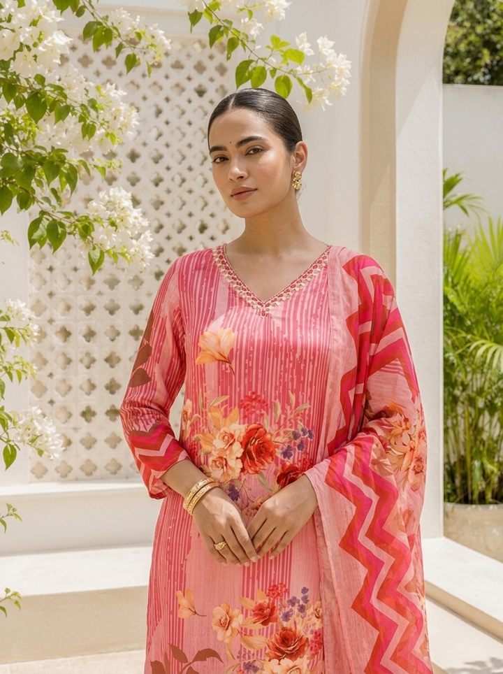 Rose Pink Muslin Mixed Digital Floral Printed Three Piece Set