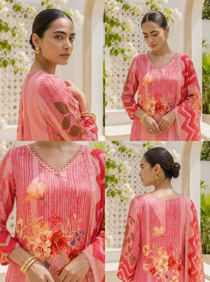 Rose Pink Muslin Mixed Digital Floral Printed Three Piece Set