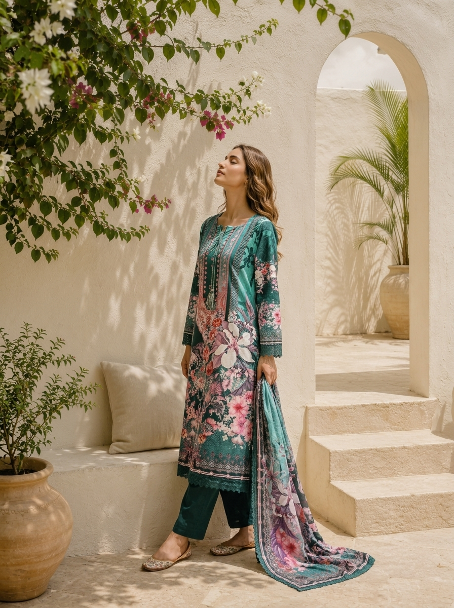 Green Muslin Digital Botanical Floral Printed Three Piece Set