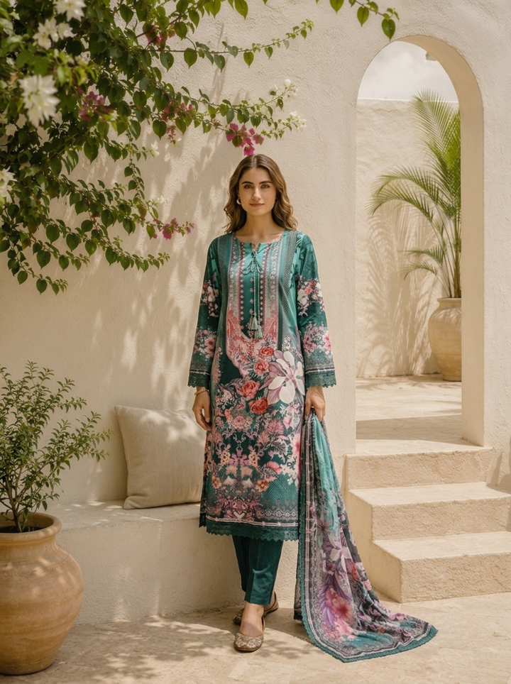 Green Muslin Digital Botanical Floral Printed Three Piece Set
