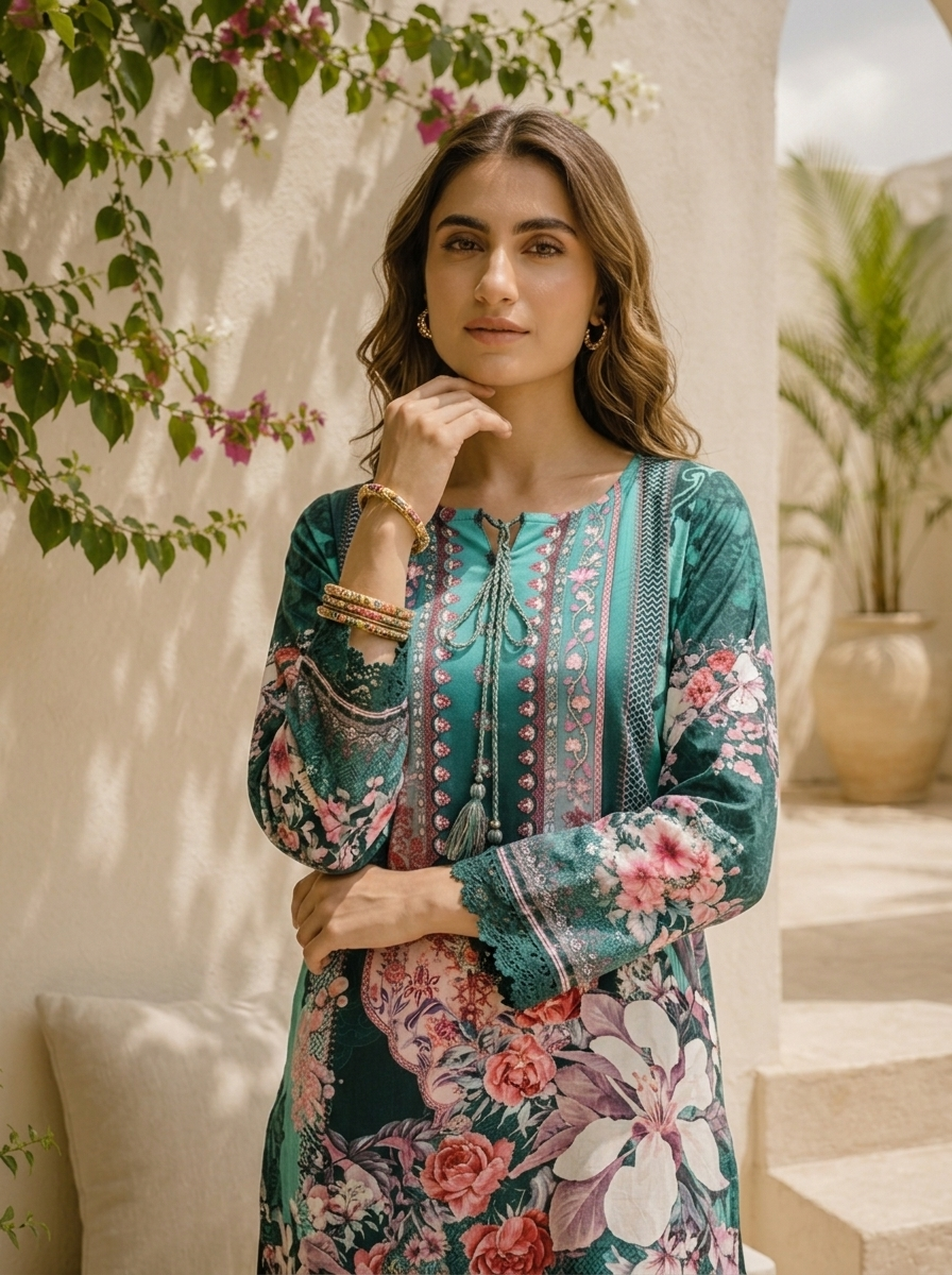 Green Muslin Digital Botanical Floral Printed Three Piece Set