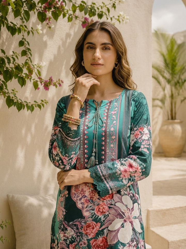 Green Muslin Digital Botanical Floral Printed Three Piece Set