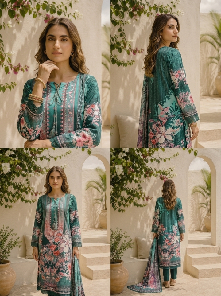 Green Muslin Digital Botanical Floral Printed Three Piece Set