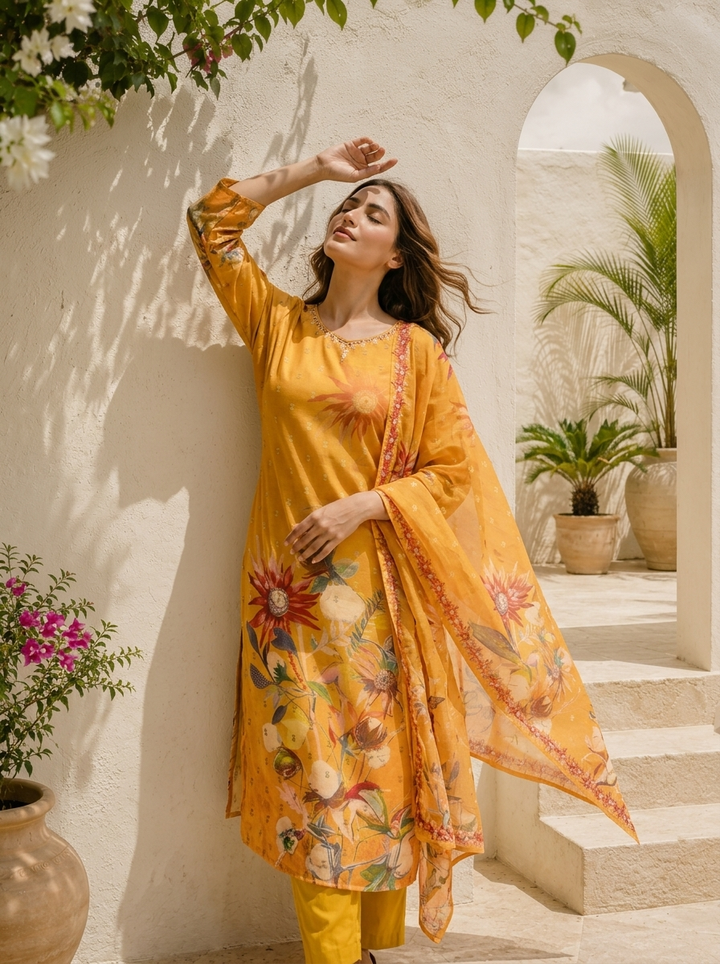 Mustard Muslin Digital Sunflower Floral Printed Three Piece Set