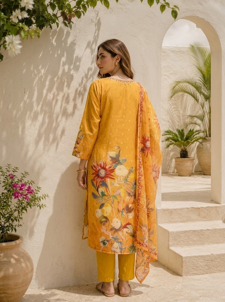 Mustard Muslin Digital Sunflower Floral Printed Three Piece Set