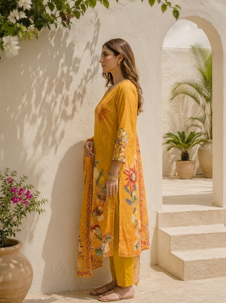 Mustard Muslin Digital Sunflower Floral Printed Three Piece Set