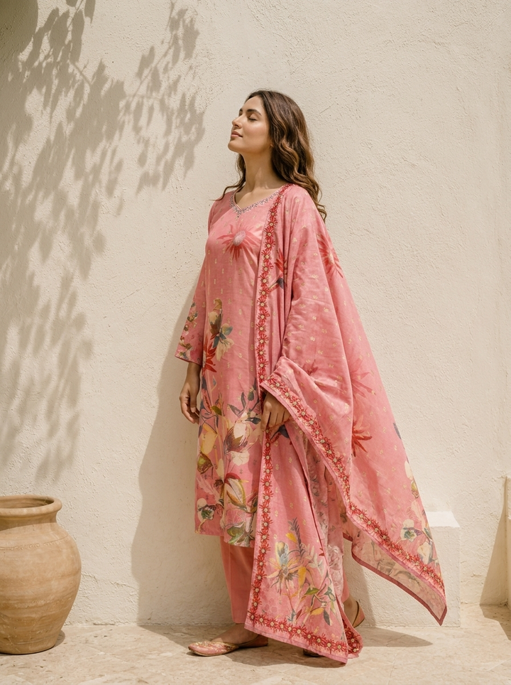 Onion Muslin Digital Sunflower Floral Printed Three Piece Set