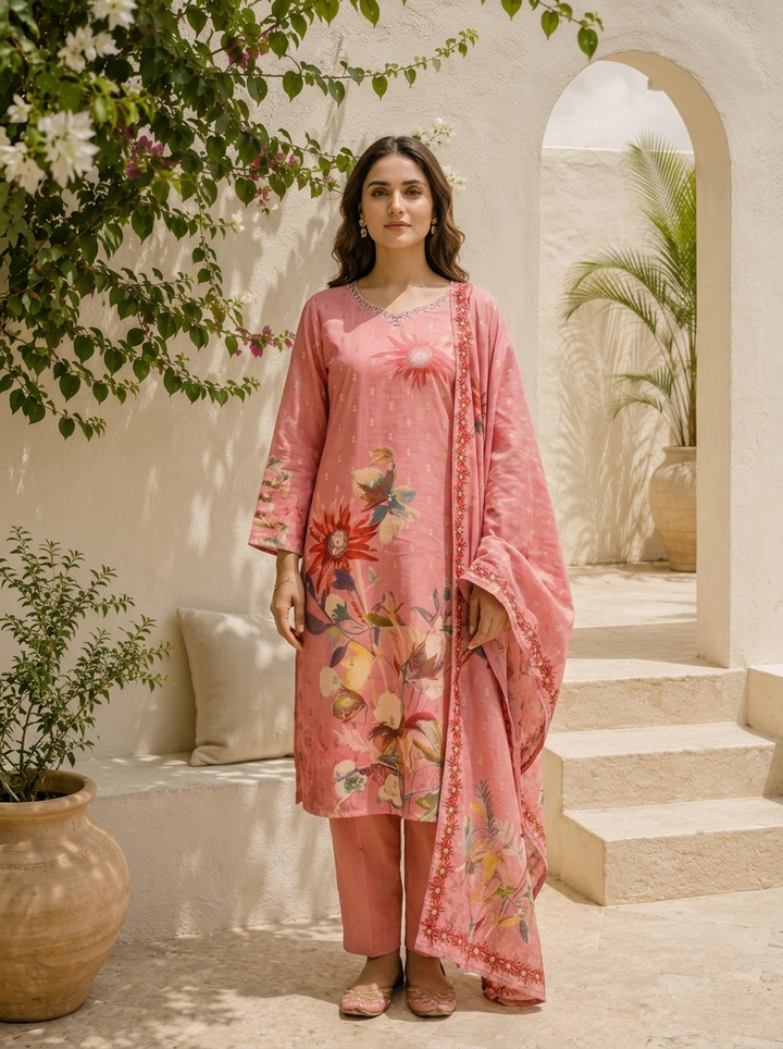 Onion Muslin Digital Sunflower Floral Printed Three Piece Set