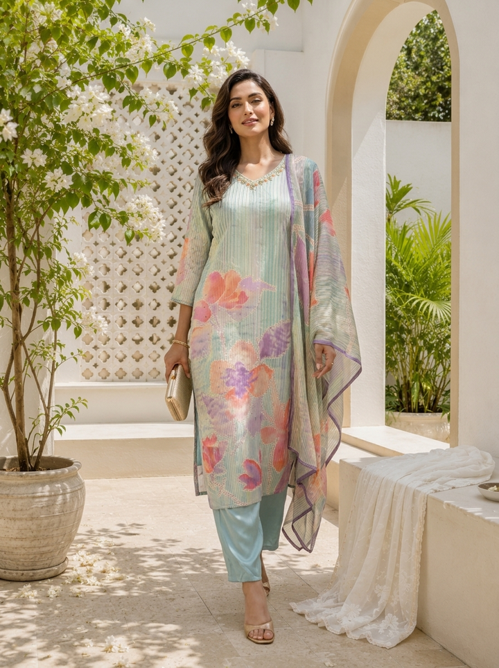 Aqua Chanderi Watercolor Floral And Pin Stripe Printed Three Piece Set