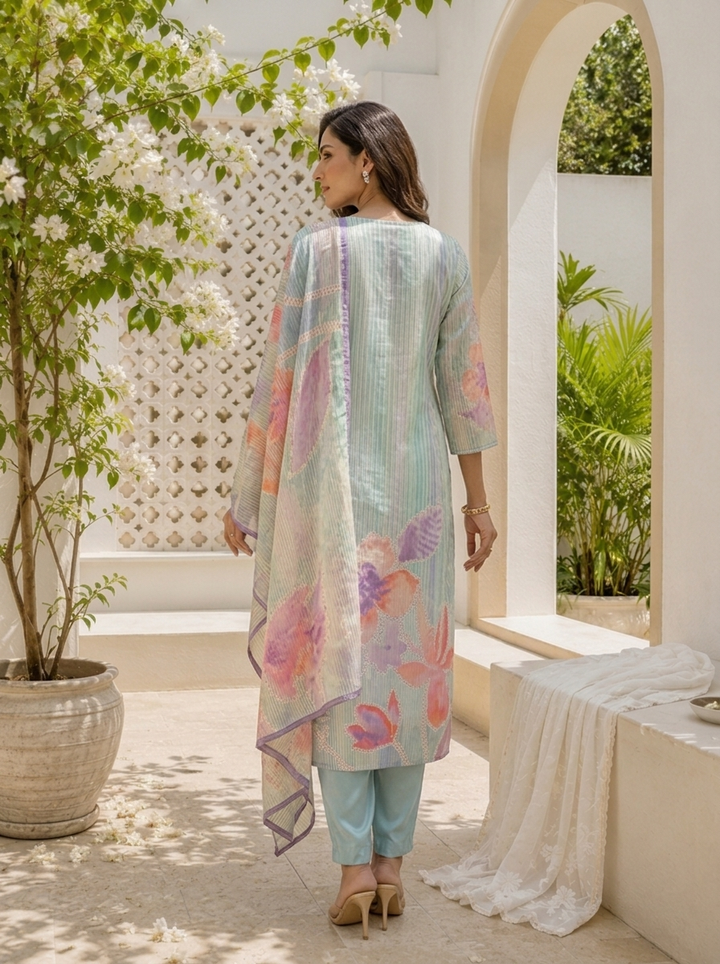 Aqua Chanderi Watercolor Floral And Pin Stripe Printed Three Piece Set