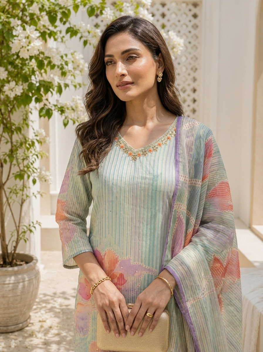 Aqua Chanderi Watercolor Floral And Pin Stripe Printed Three Piece Set