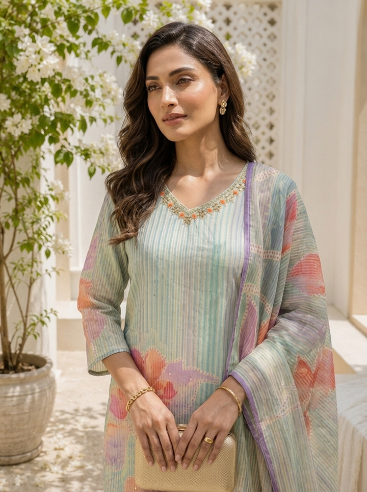 Aqua Chanderi Watercolor Floral And Pin Stripe Printed Three Piece Set
