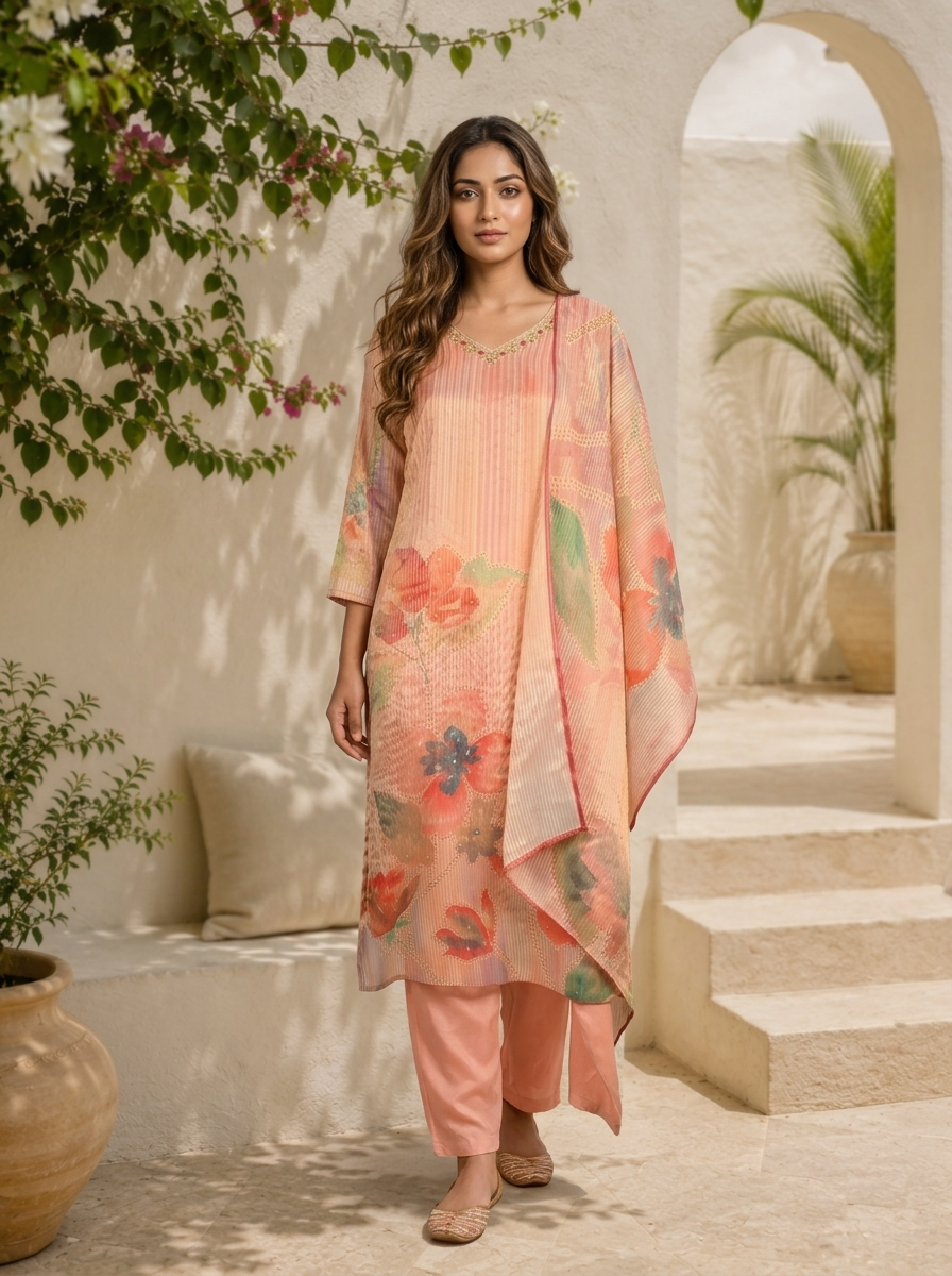 Peach Chanderi Watercolor Floral And Pin Stripe Printed Three Piece Set