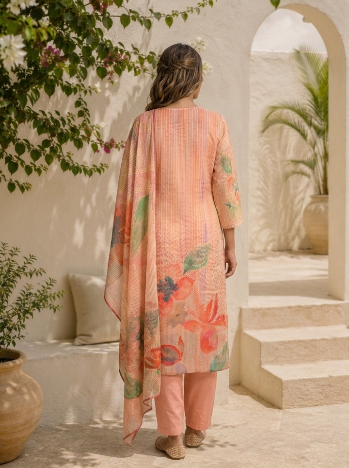 Peach Chanderi Watercolor Floral And Pin Stripe Printed Three Piece Set