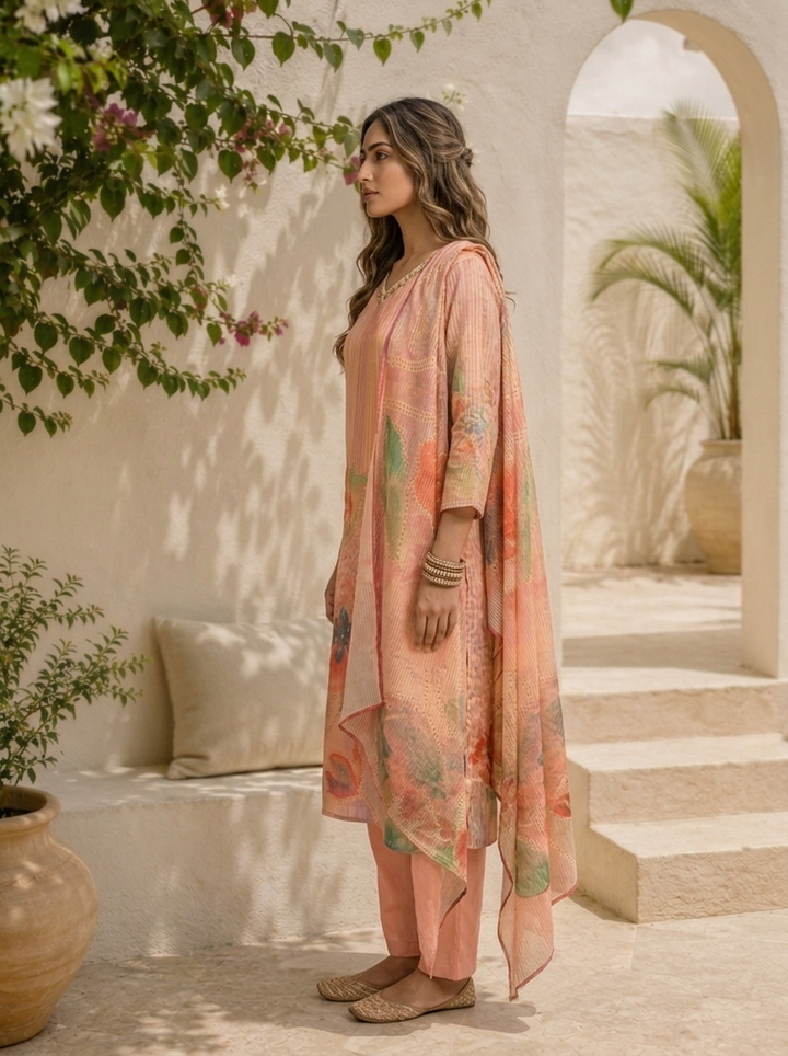 Peach Chanderi Watercolor Floral And Pin Stripe Printed Three Piece Set