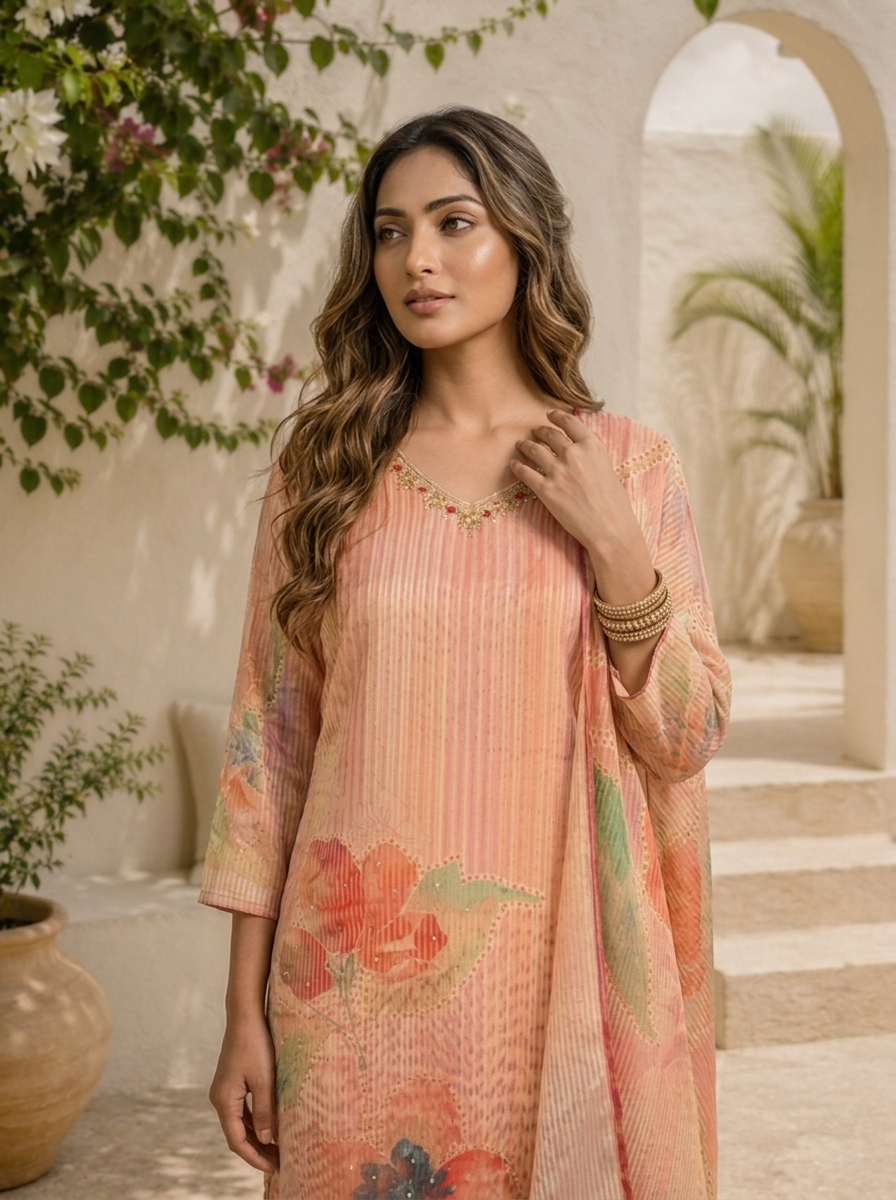 Peach Chanderi Watercolor Floral And Pin Stripe Printed Three Piece Set
