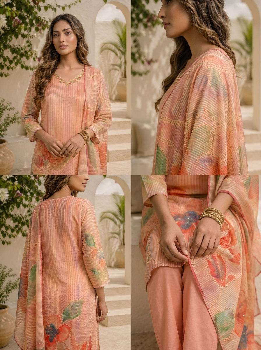 Peach Chanderi Watercolor Floral And Pin Stripe Printed Three Piece Set