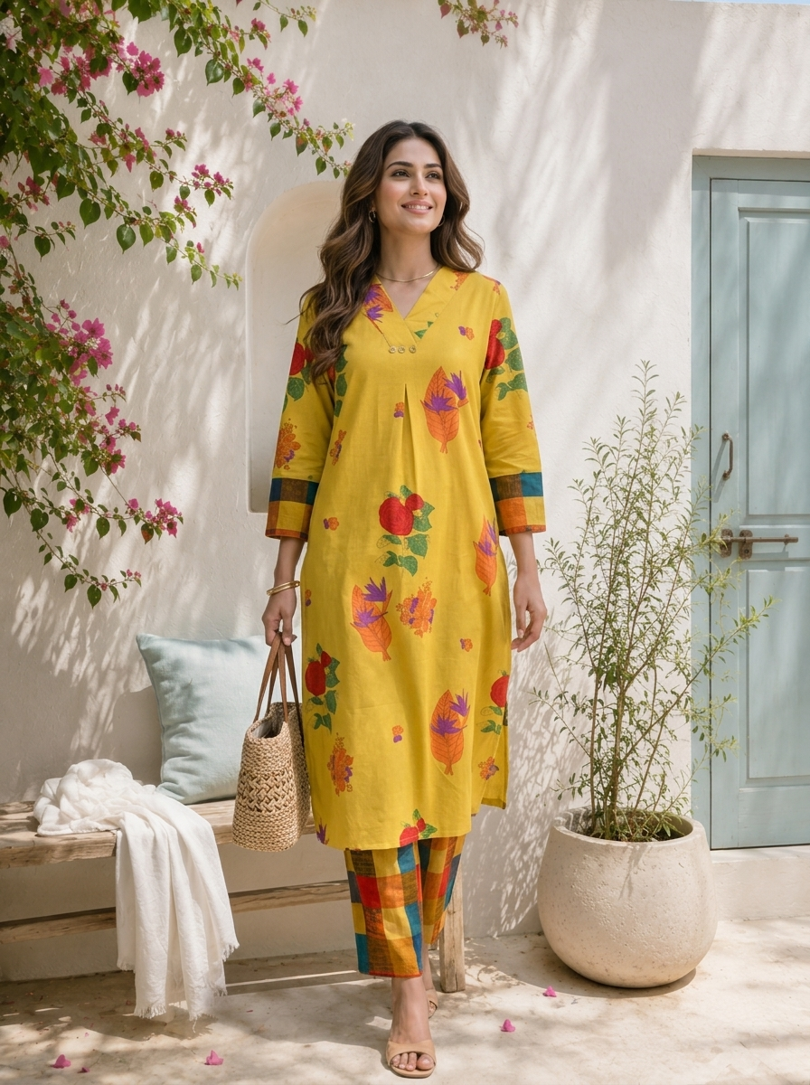 Lime Green Cotton Bold Digital Floral Printed Two Piece Set