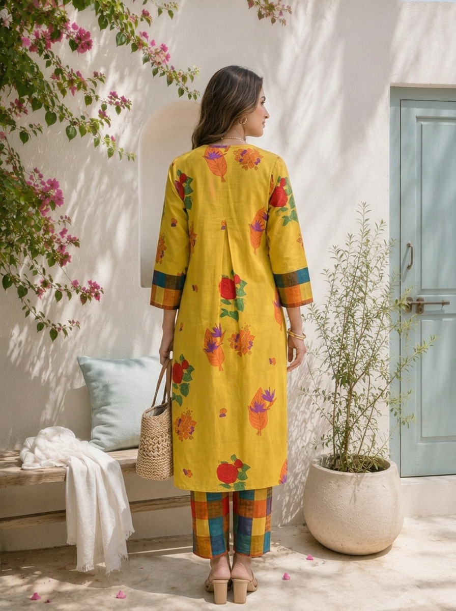 Lime Green Cotton Bold Digital Floral Printed Two Piece Set