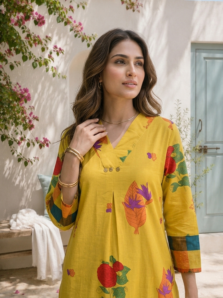 Lime Green Cotton Bold Digital Floral Printed Two Piece Set