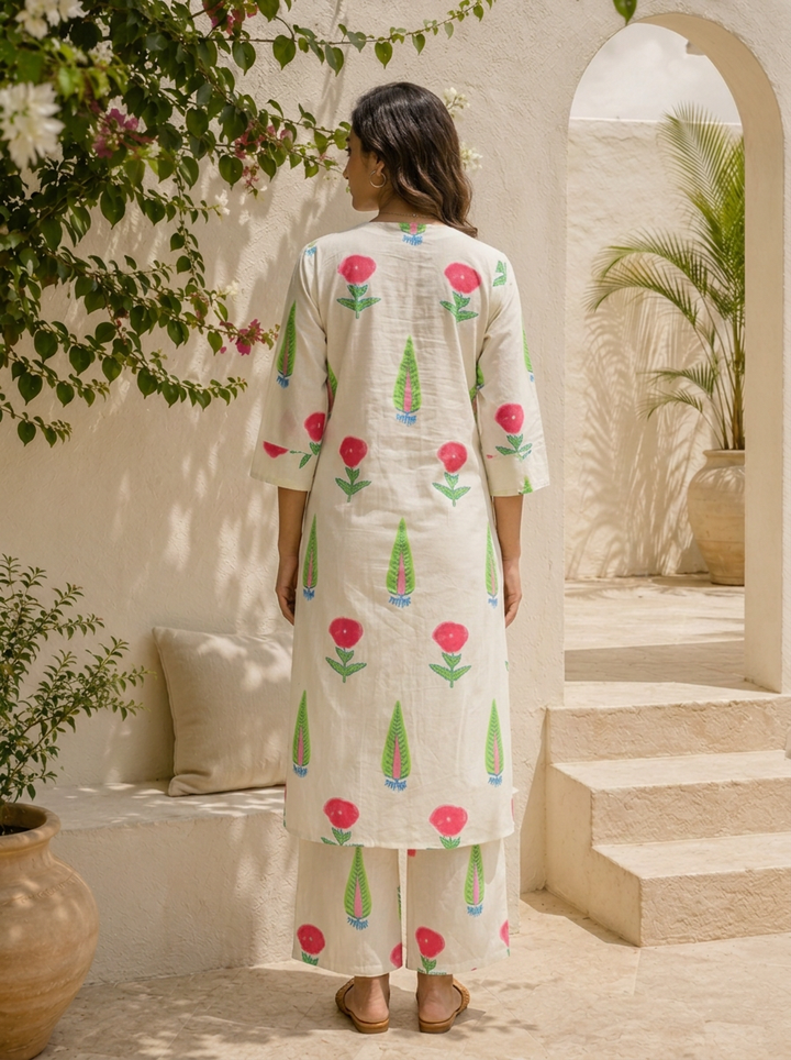 White Cotton Handblock Style Printed Two Piece Set