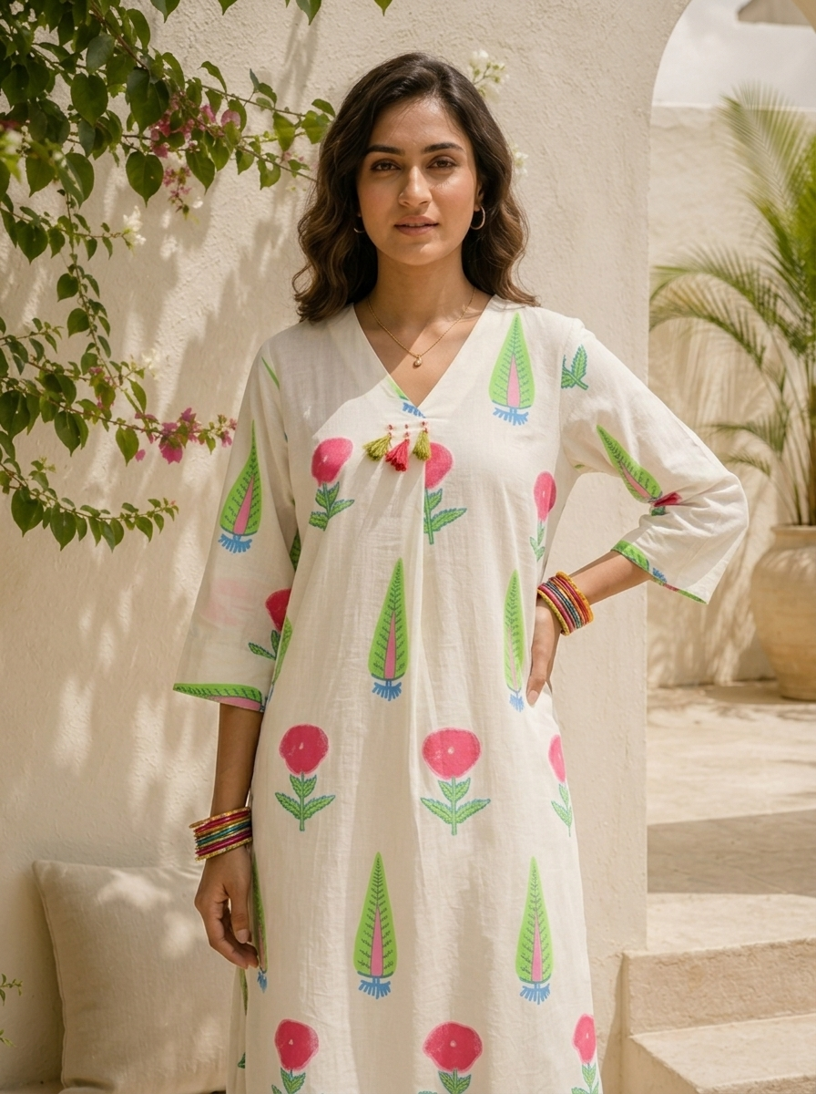 White Cotton Handblock Style Printed Two Piece Set