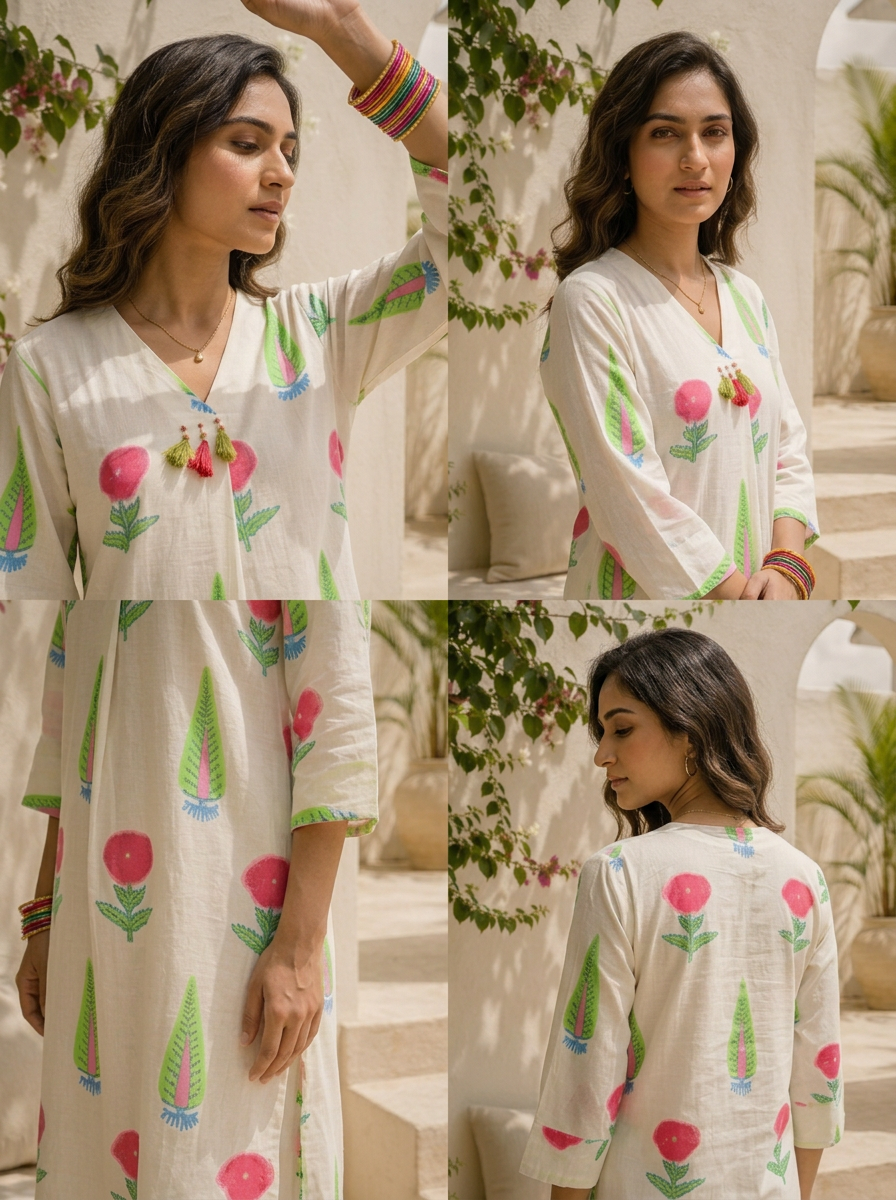 White Cotton Handblock Style Printed Two Piece Set