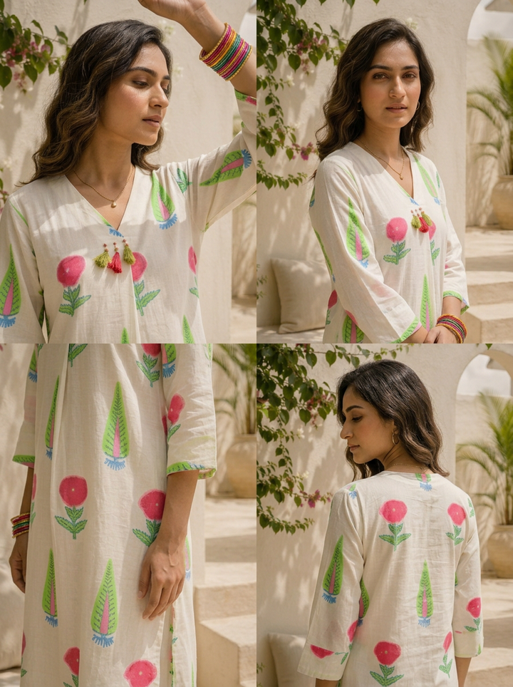 White Cotton Handblock Style Printed Two Piece Set