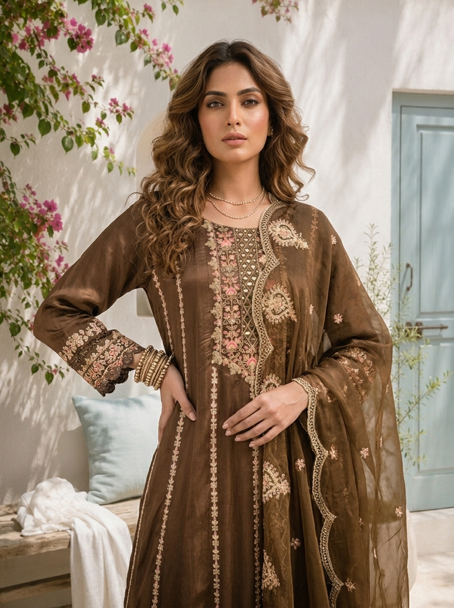 Brown Chinon Thread And Vertical Zari Embroidered Three Piece Set