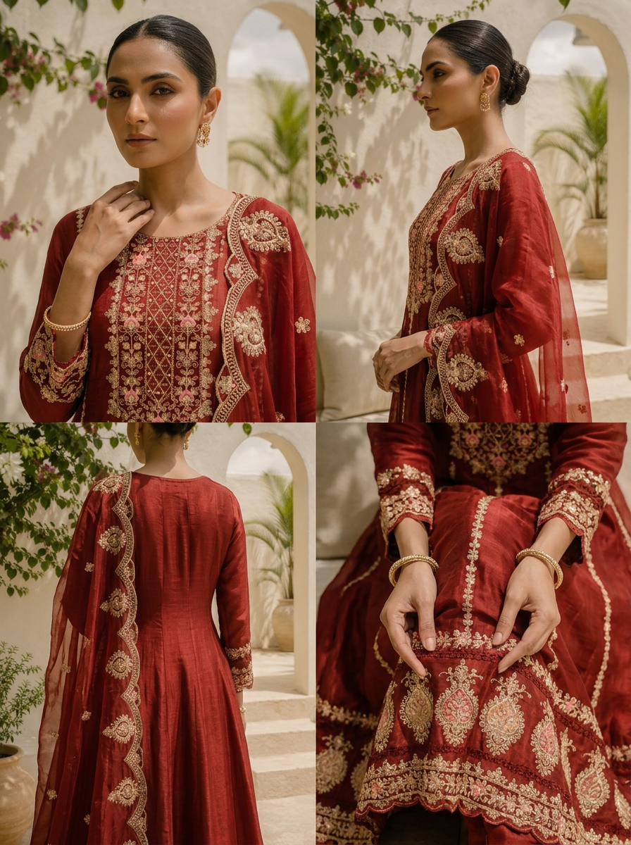 Rust Chinon Thread And Vertical Zari Embroidered Three Piece Set