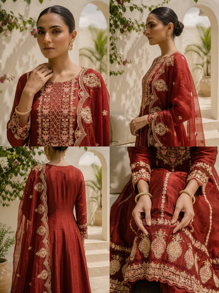 Rust Chinon Thread And Vertical Zari Embroidered Three Piece Set