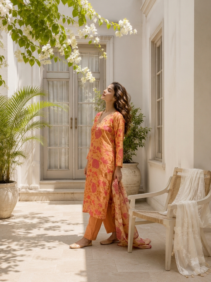 Peach Tissue Digital Floral And Pin Stripe Printed Three Piece Set