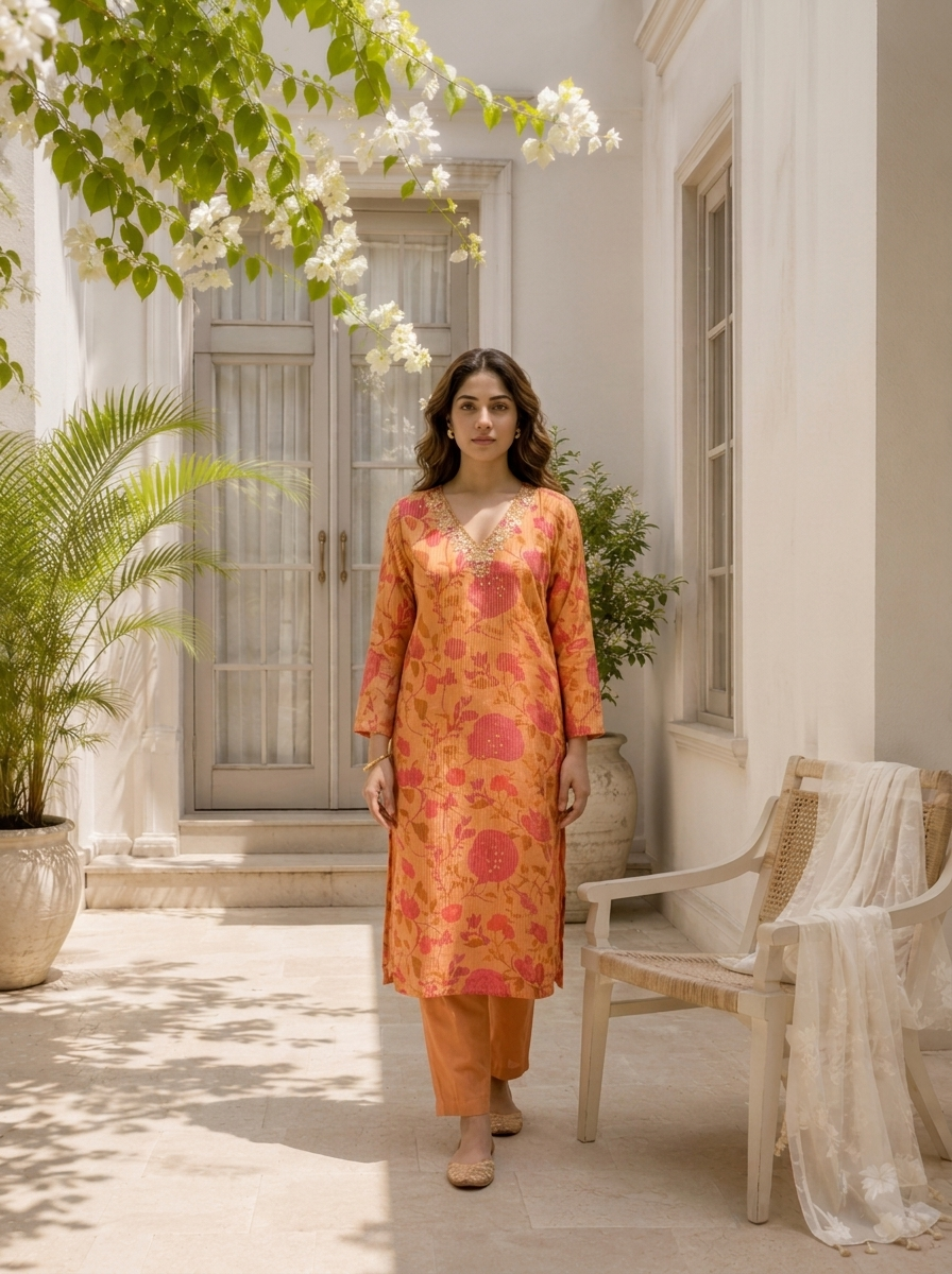 Peach Tissue Digital Floral And Pin Stripe Printed Three Piece Set